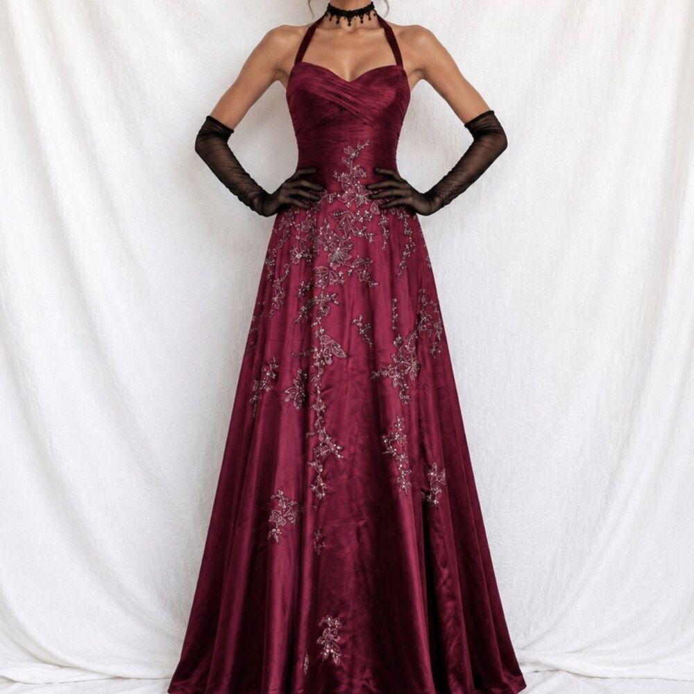 Vintage Y2K Pink Red Floral Beaded Satin Pleated Maxi Prom Dress Size XS